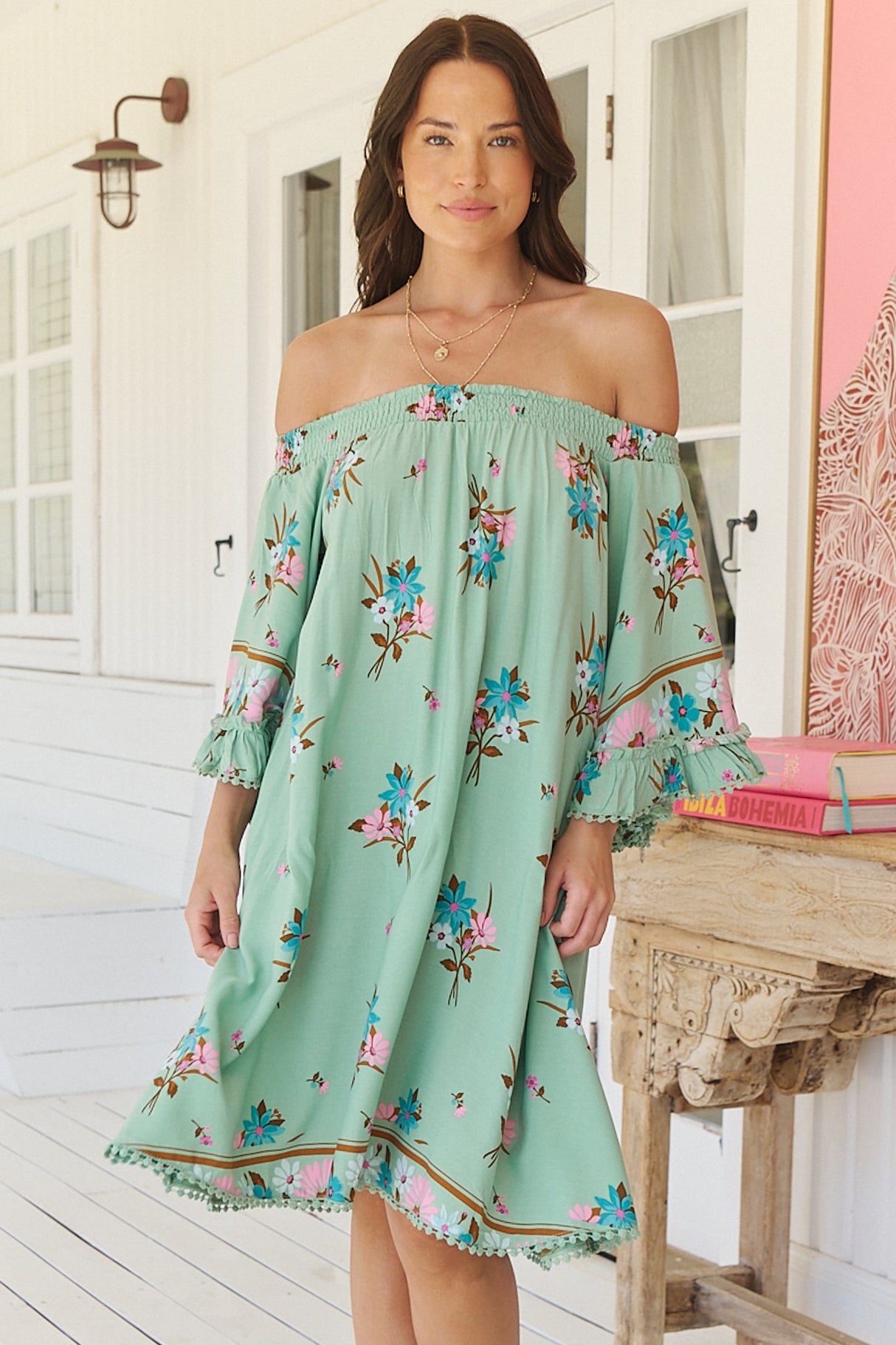 Poppy Mini Dress - Elasticated Off the Shoulder Crochet Trim Sleeves Dress in Maribel Print