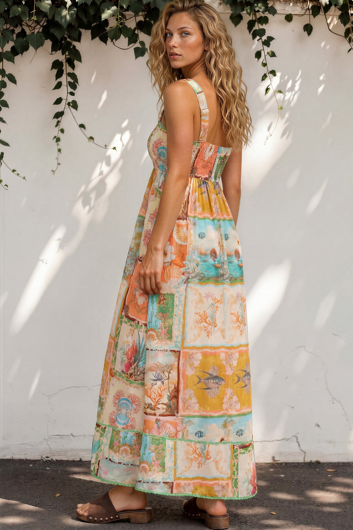 Model wearing Poppy Maxi Dress in Iluka Print from Salty Crush