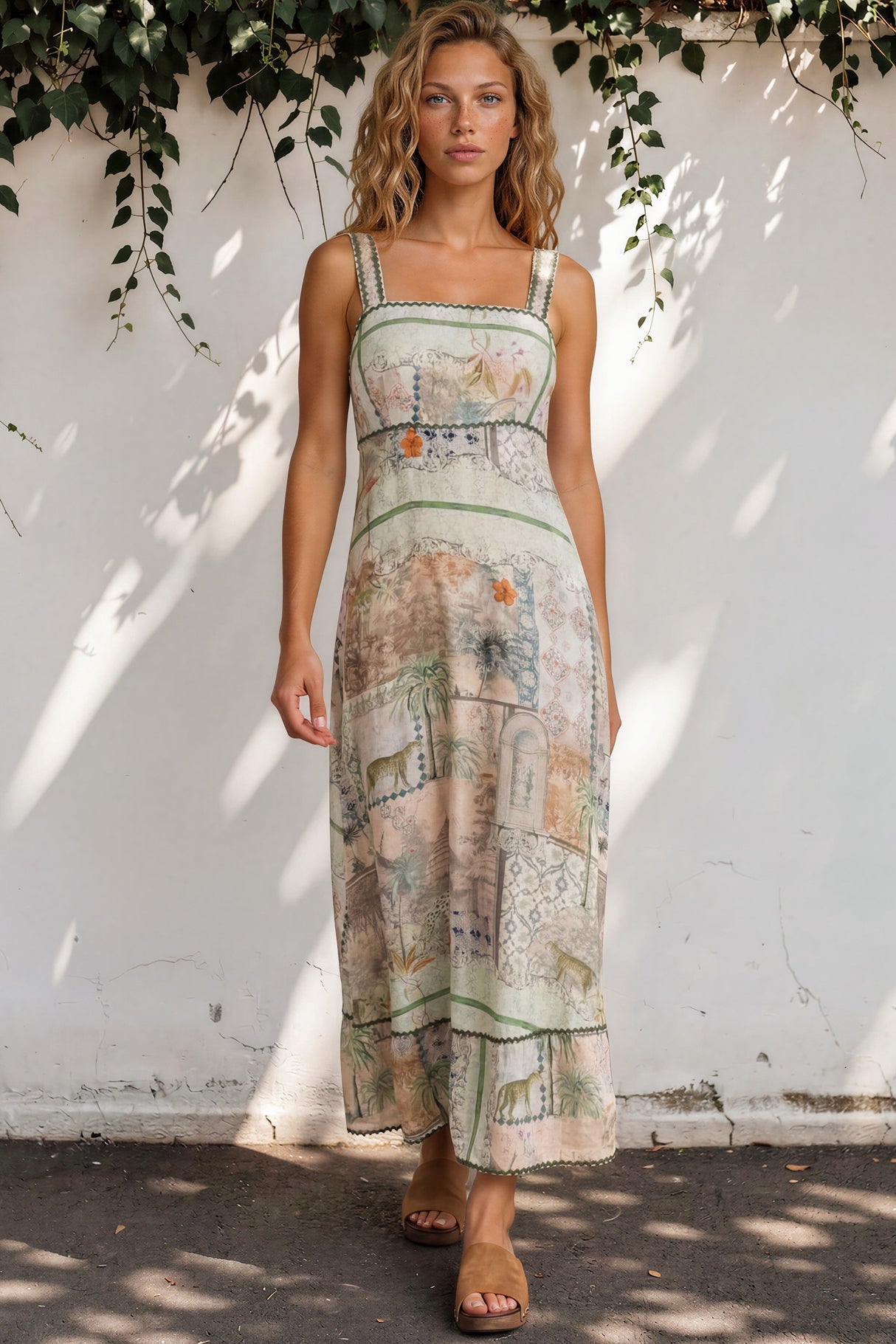 Woman wearing a patterned dress standing against a white wall with greenery.