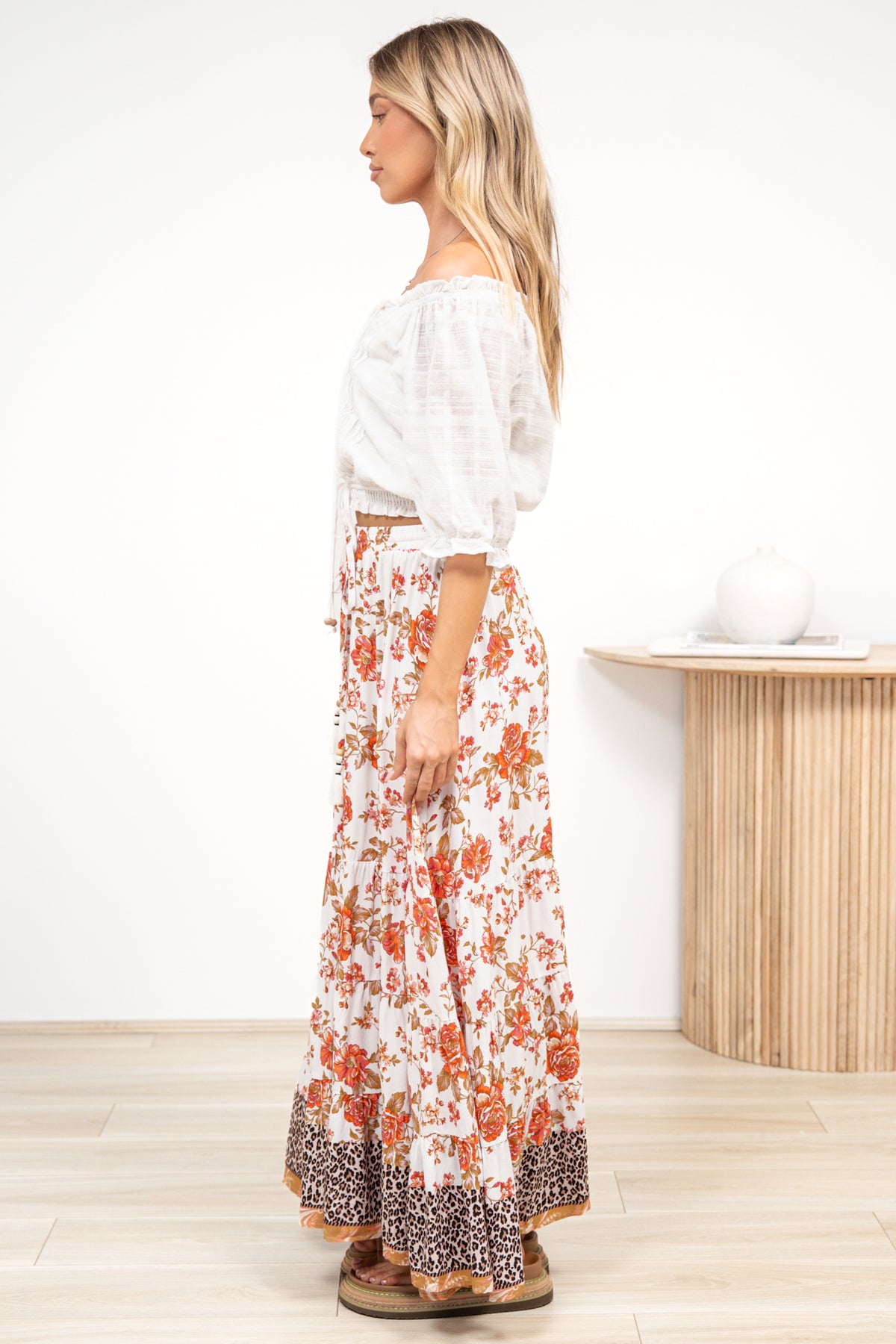 Poppy Maxi Skirt - High Waisted Tiered Skirt with Tassel Waist Tie in Maranta Print