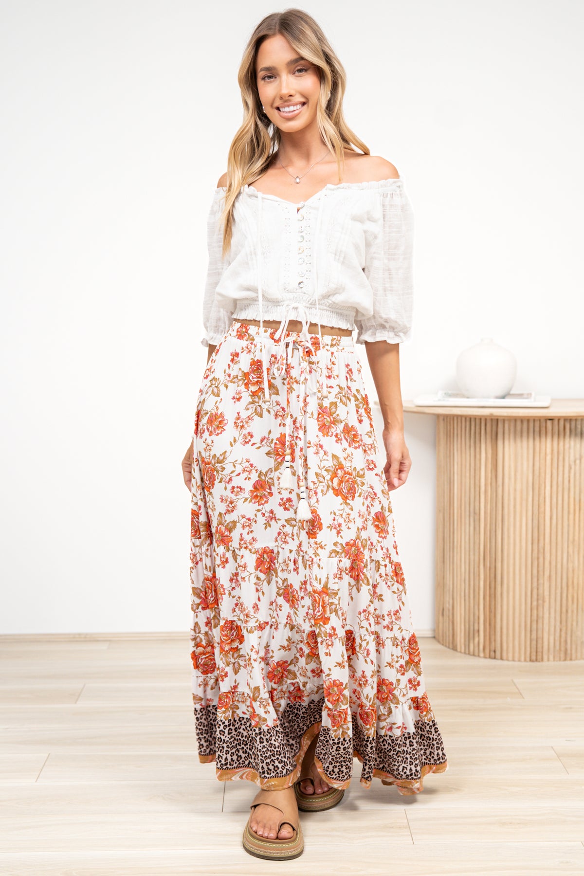 Poppy Maxi Skirt - High Waisted Tiered Skirt with Tassel Waist Tie in Maranta Print