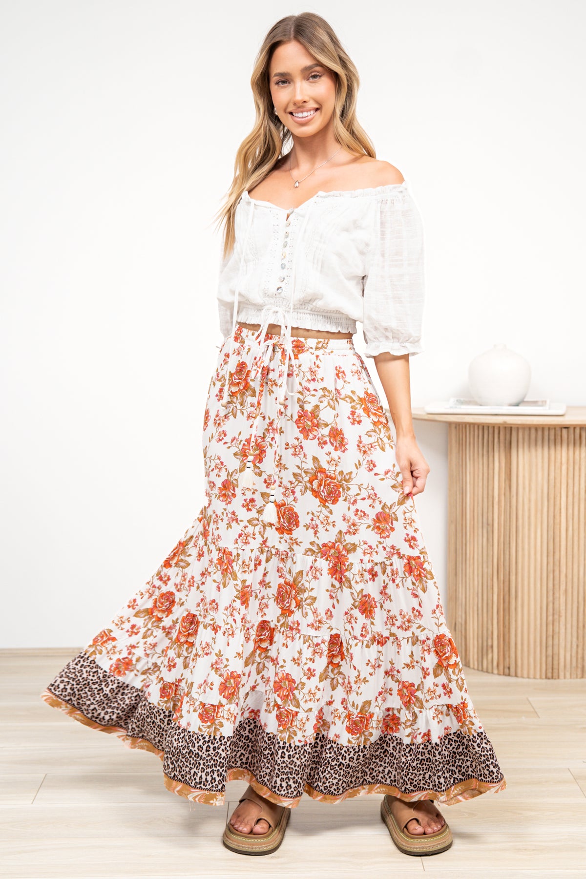 Poppy Maxi Skirt - High Waisted Tiered Skirt with Tassel Waist Tie in Maranta Print