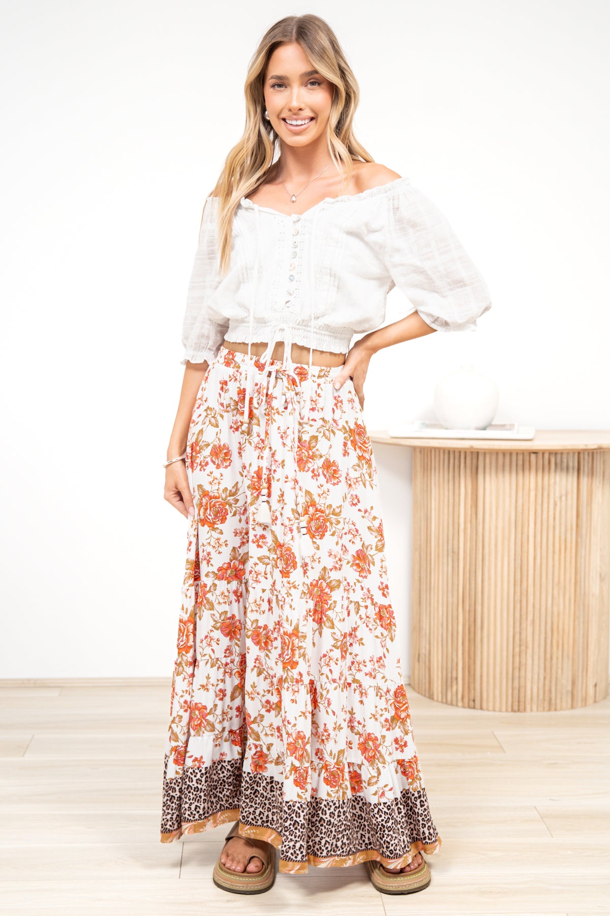 Poppy Maxi Skirt - High Waisted Tiered Skirt with Tassel Waist Tie in Maranta Print