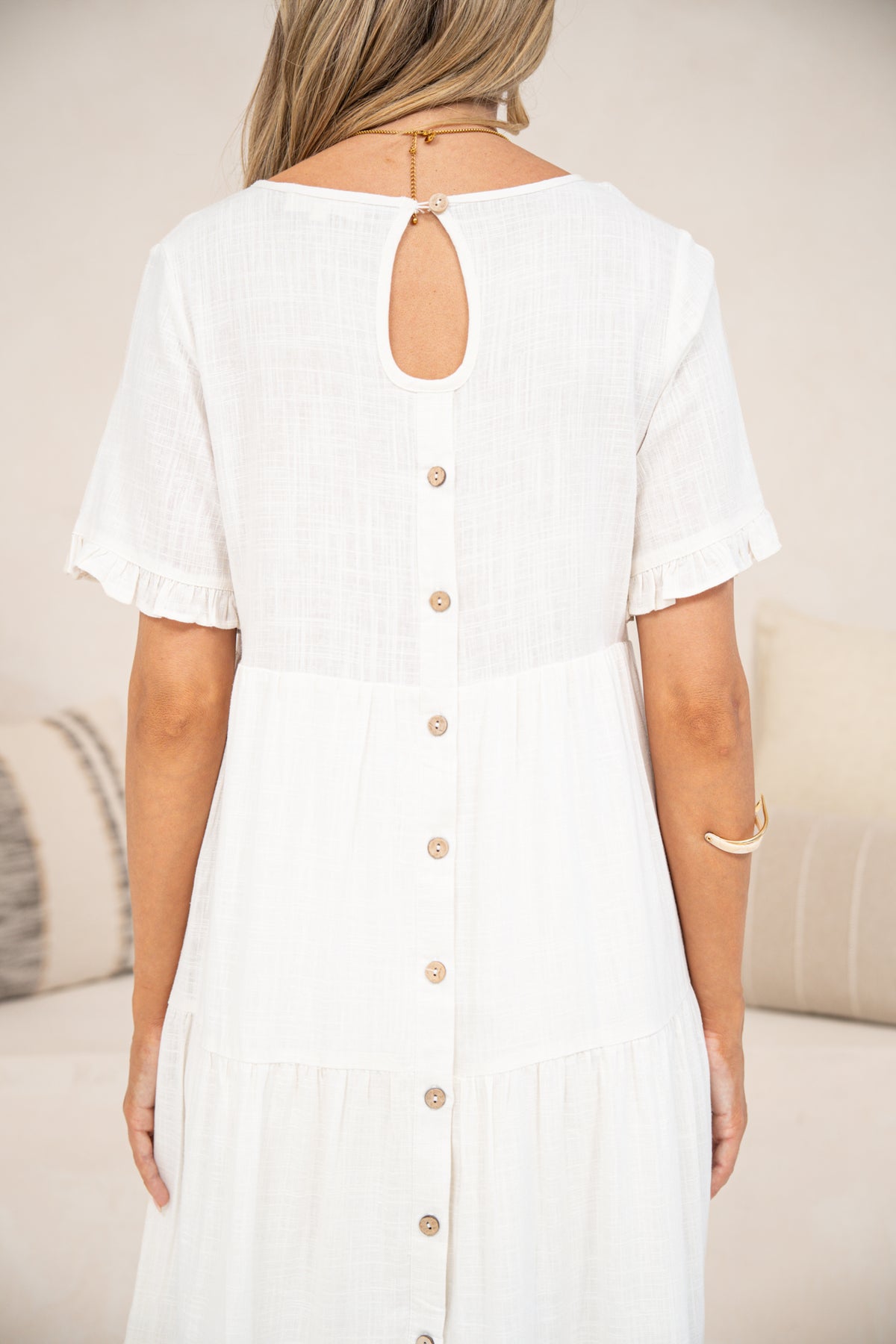 Porcelaine Midi Dress - V Neck Dress with Keyhole Button Back and Shrot Frill-Trimmed Sleeves in White