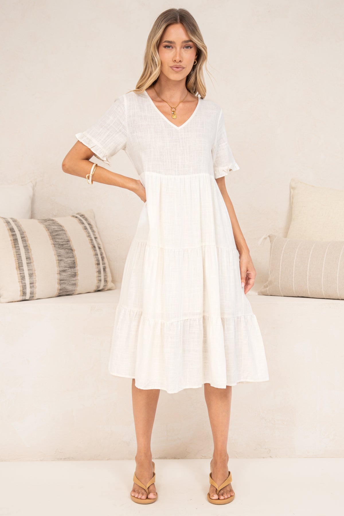 Porcelaine Midi Dress - V Neck Dress with Keyhole Button Back and Shrot Frill-Trimmed Sleeves in White