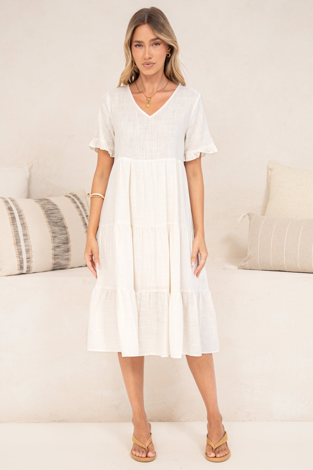 Porcelaine Midi Dress - V Neck Dress with Keyhole Button Back and Shrot Frill-Trimmed Sleeves in White