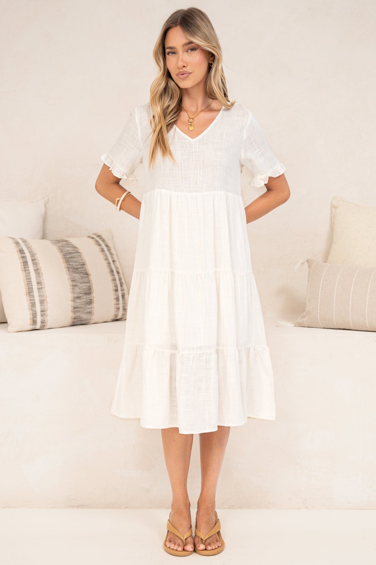 Porcelaine Midi Dress - V Neck Dress with Keyhole Button Back and Shrot Frill-Trimmed Sleeves in White