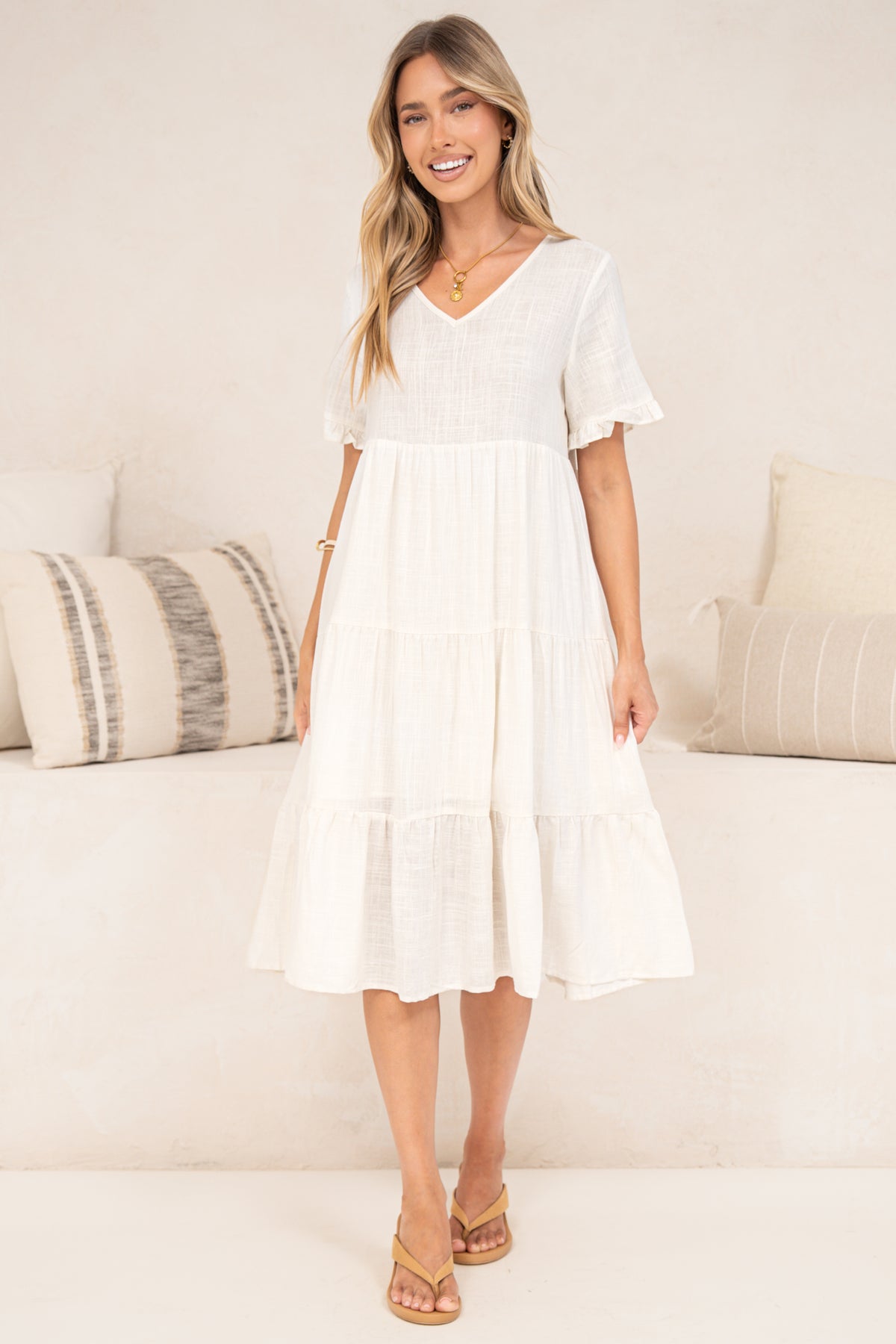 Porcelaine Midi Dress - V Neck Dress with Keyhole Button Back and Shrot Frill-Trimmed Sleeves in White