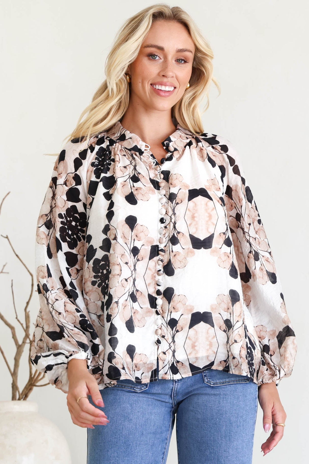 Portia Blouse - Button Down Lace Detail Shirt in Calea Beige Print