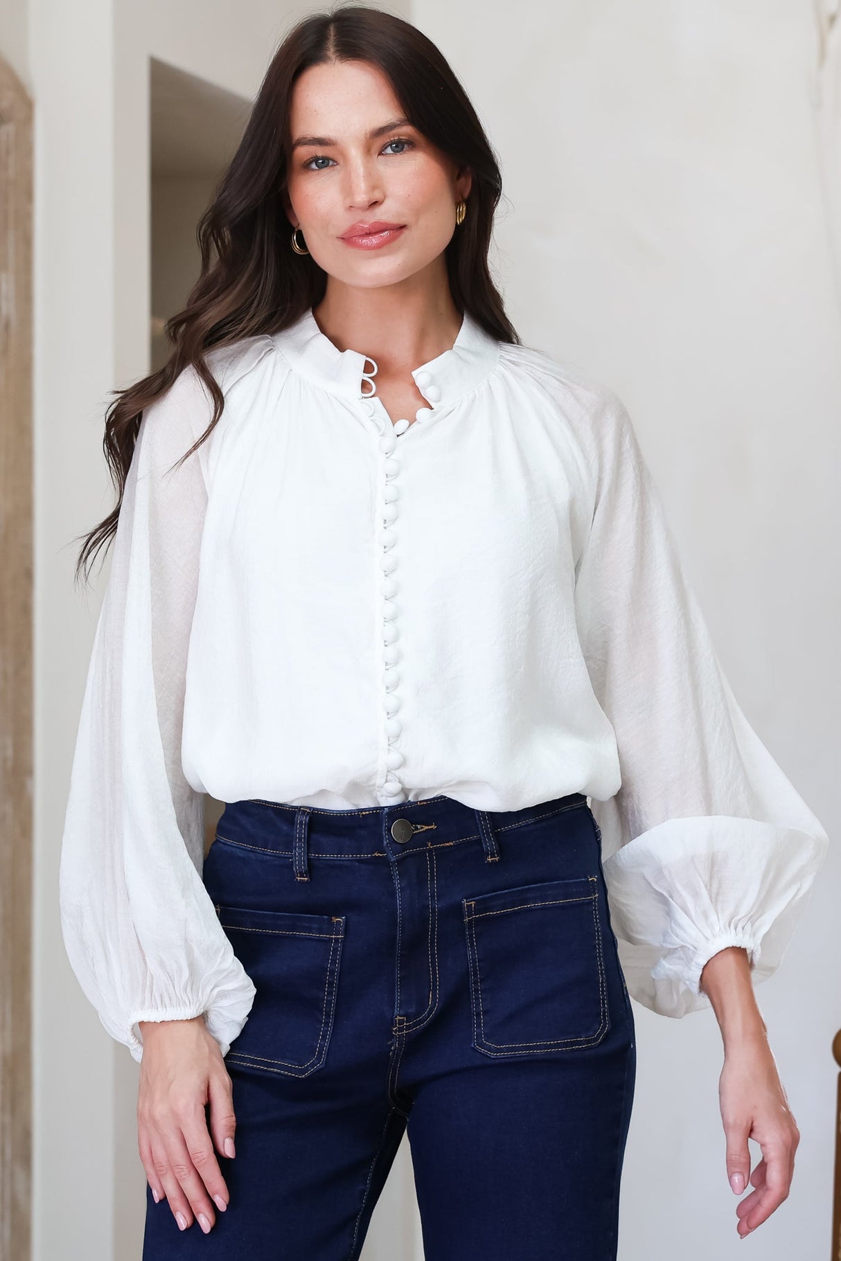 Portia Blouse - Button Down Mandarin Collar Shirt in Cream