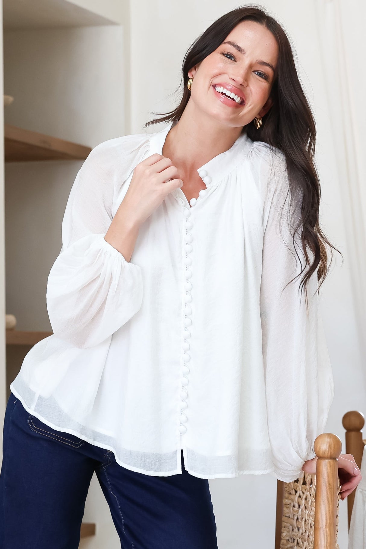 Portia Blouse - Button Down Mandarin Collar Shirt in Cream