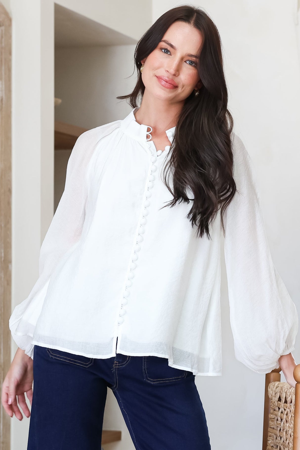 Portia Blouse - Button Down Mandarin Collar Shirt in Cream