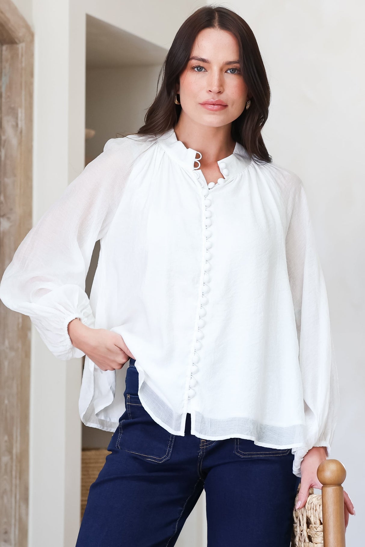 Portia Blouse - Button Down Mandarin Collar Shirt in Cream