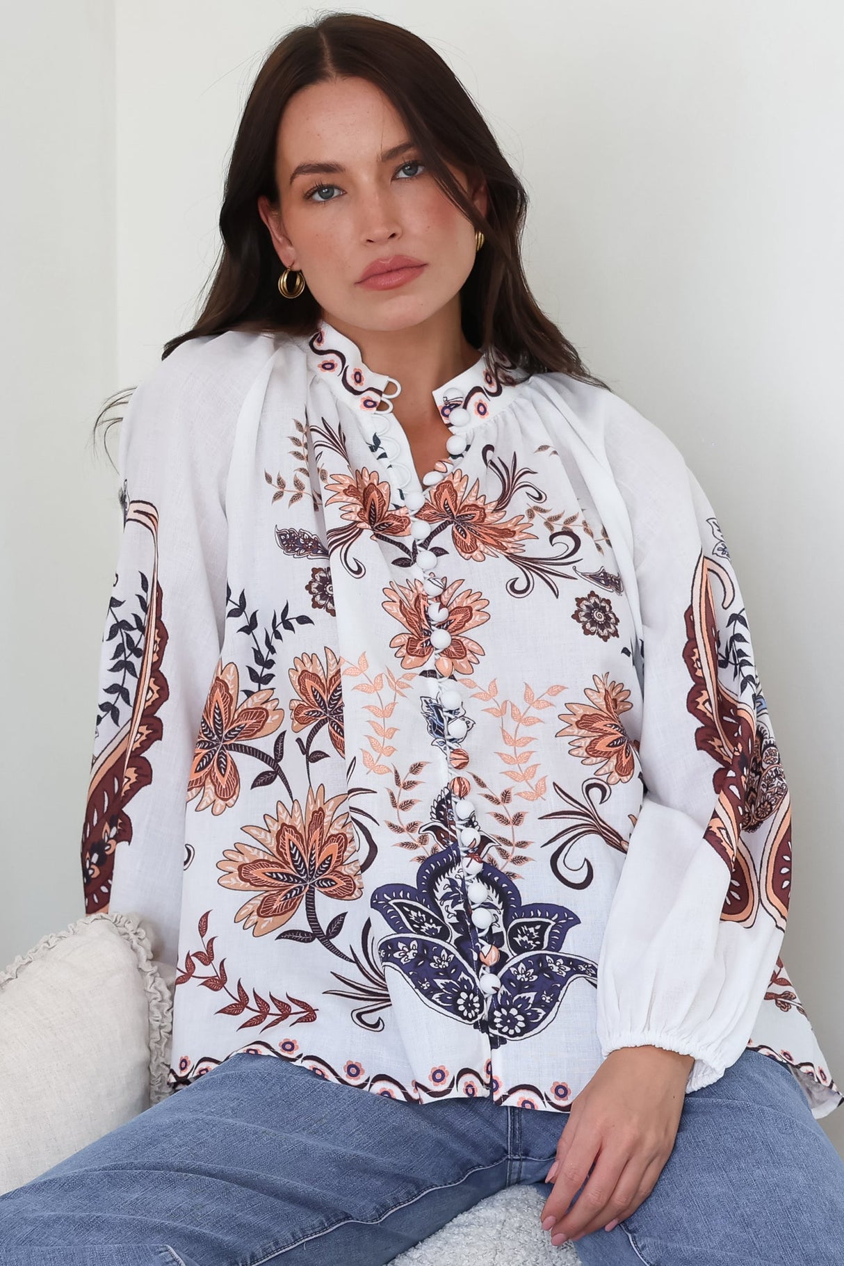 Portia Blouse - Button Down Mandarin Collar Shirt in Magah Print