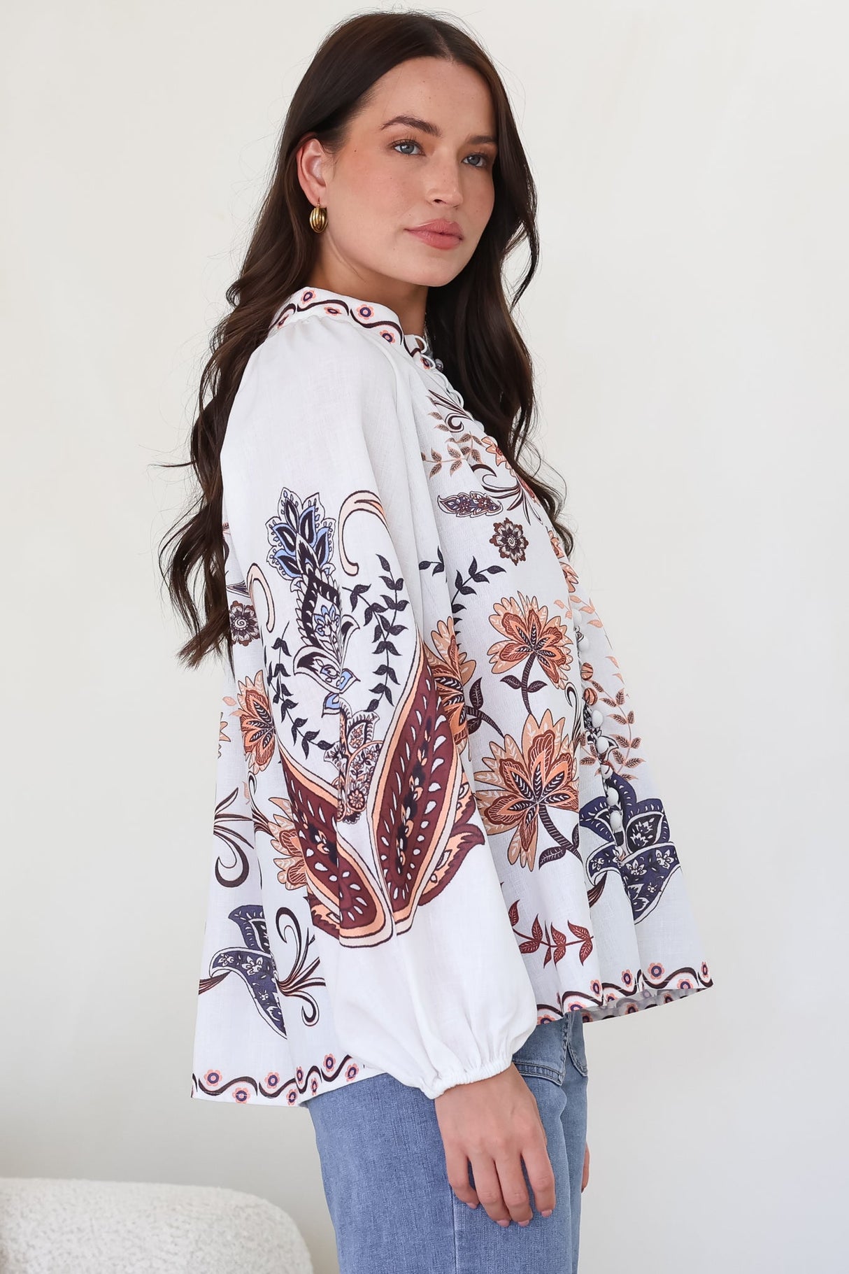 Portia Blouse - Button Down Mandarin Collar Shirt in Magah Print