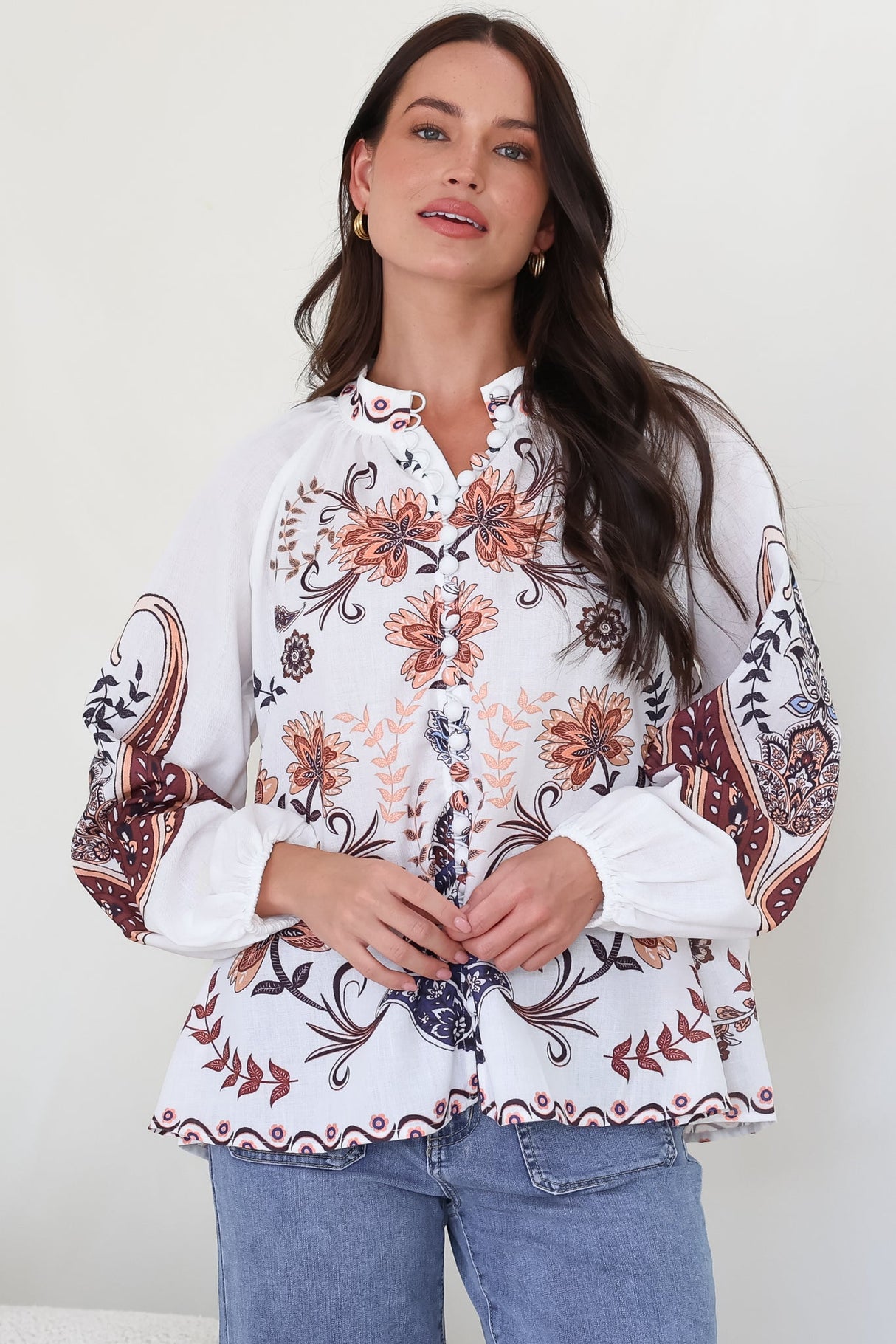 Portia Blouse - Button Down Mandarin Collar Shirt in Magah Print