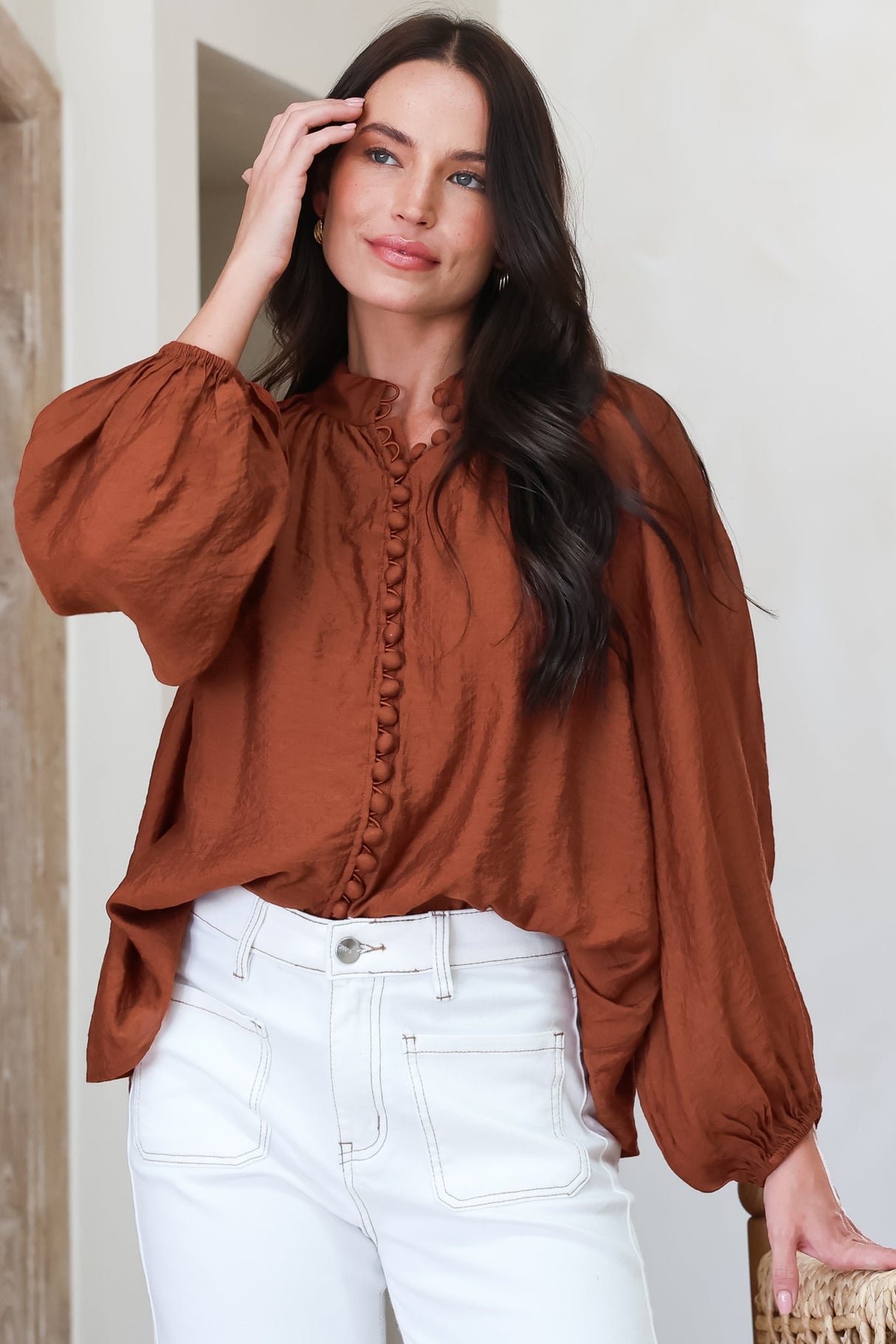 Portia Blouse - Button Down Mandarin Collar Shirt in Rust