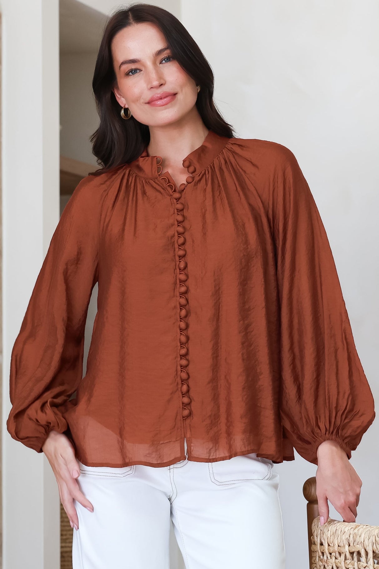 Portia Blouse - Button Down Mandarin Collar Shirt in Rust