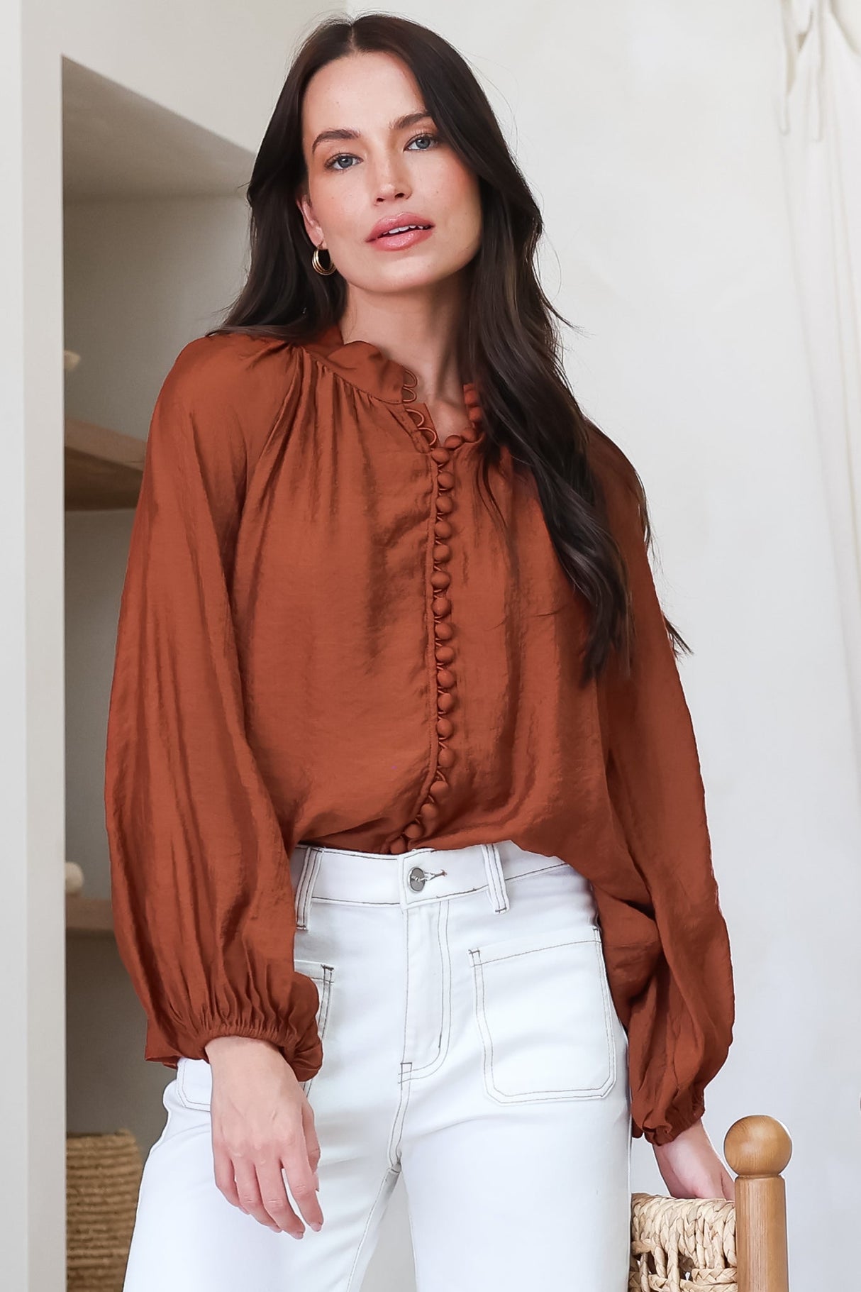 Portia Blouse - Button Down Mandarin Collar Shirt in Rust