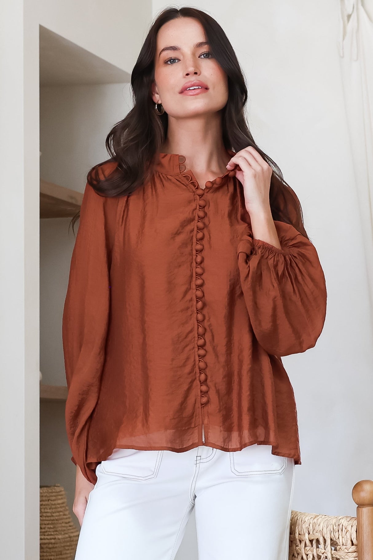 Portia Blouse - Button Down Mandarin Collar Shirt in Rust