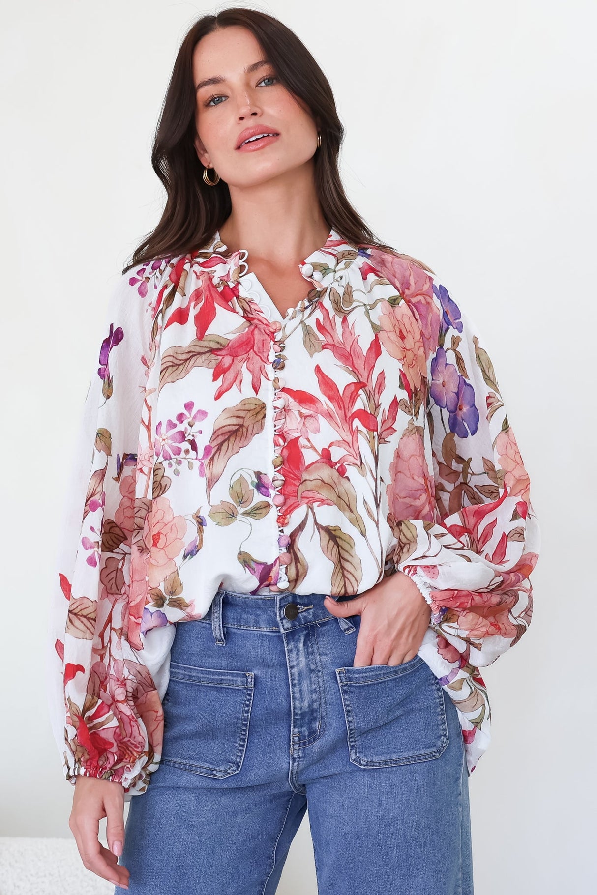 Portia Blouse - Button Down Mandarin Collar Shirt in Windward Print