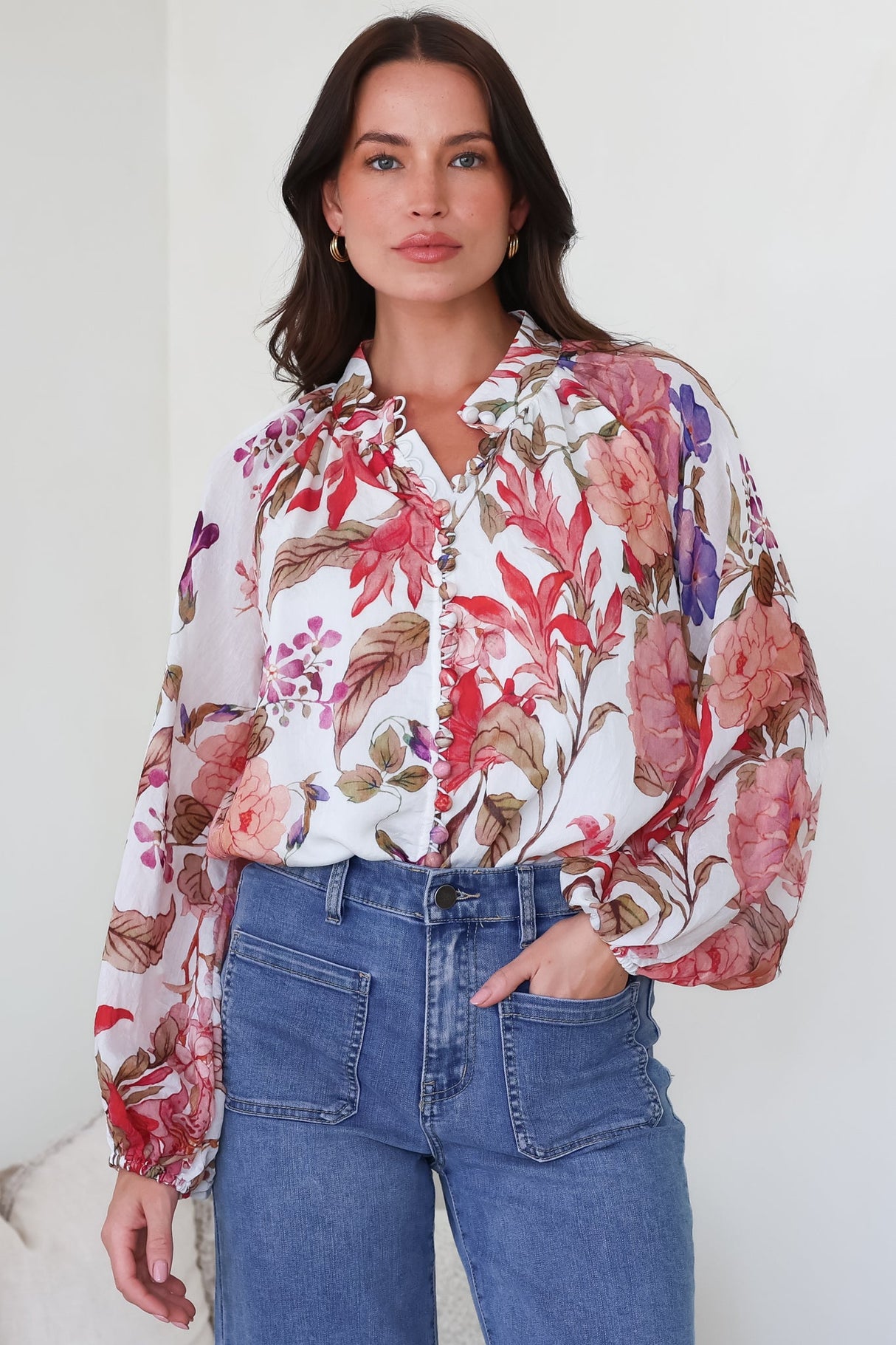 Model wearing Portia Blouse in Windward Print from Salty Crush