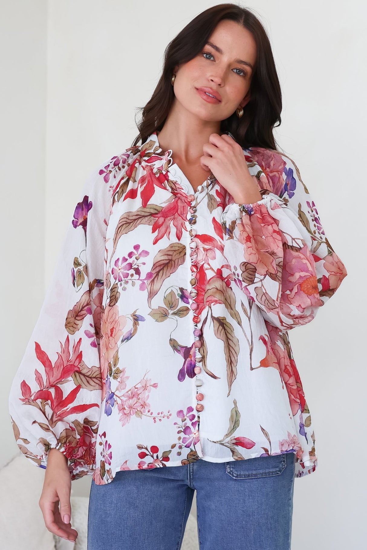 Portia Blouse - Button Down Mandarin Collar Shirt in Windward Print