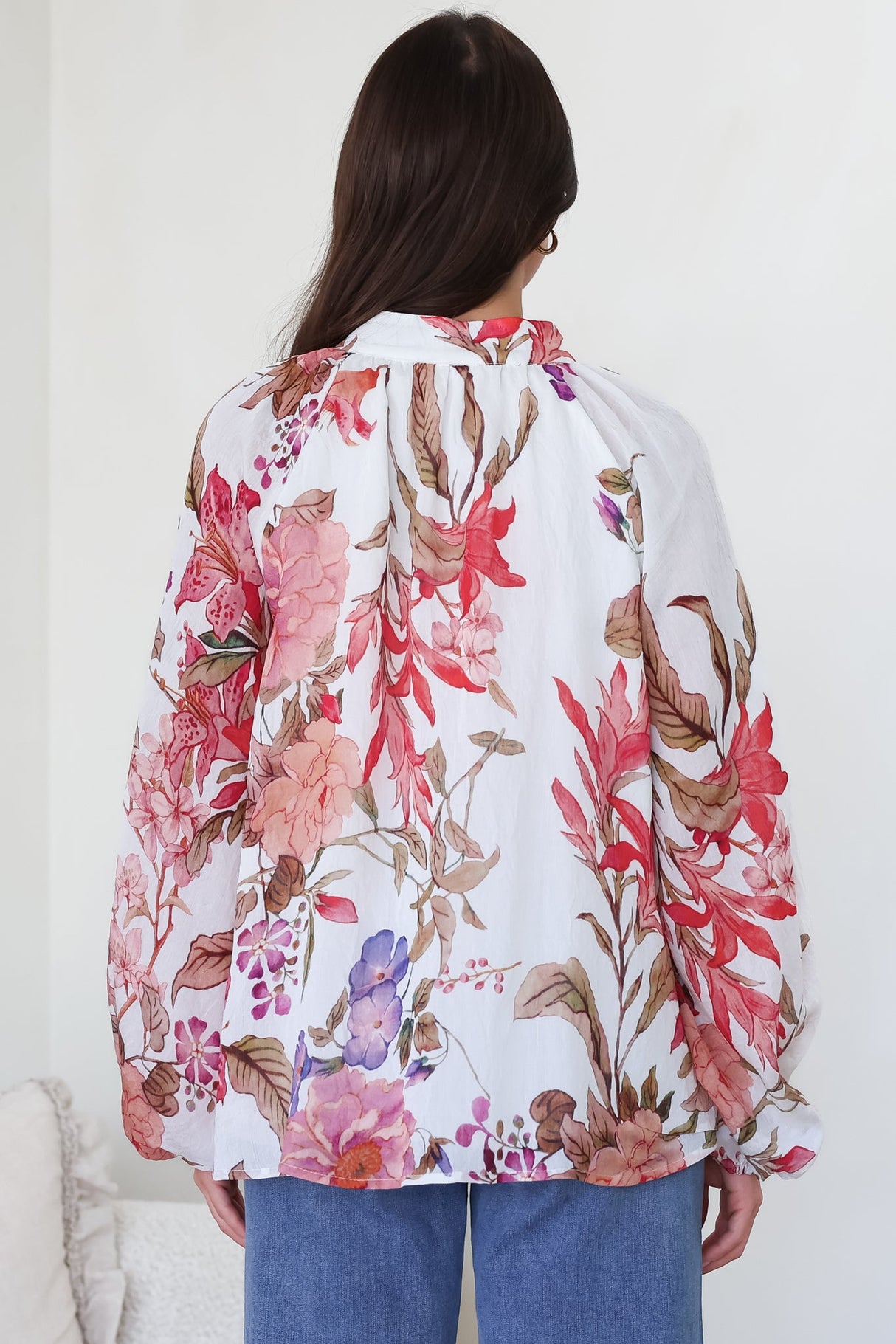 Portia Blouse - Button Down Mandarin Collar Shirt in Windward Print