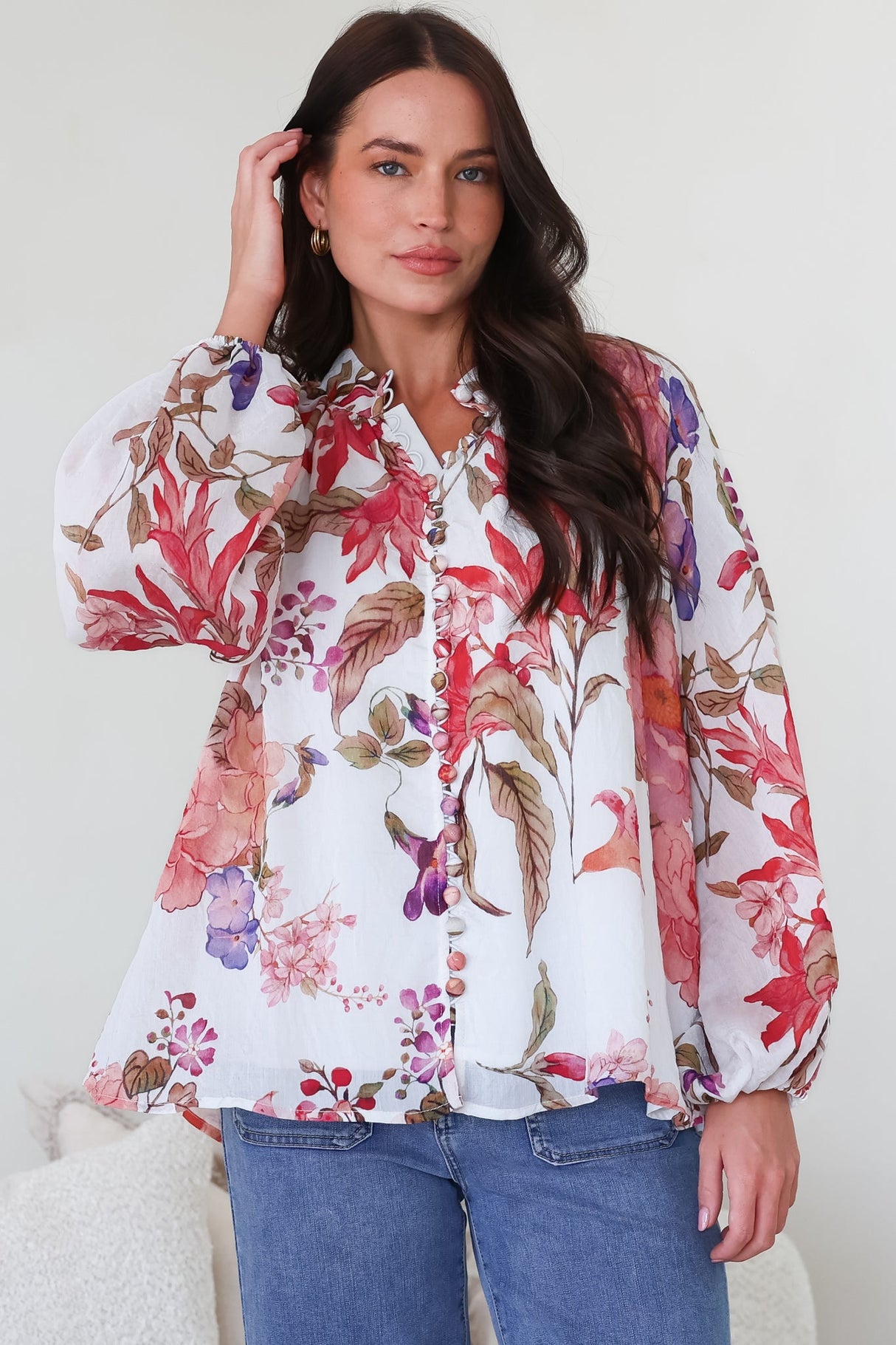 Portia Blouse - Button Down Mandarin Collar Shirt in Windward Print