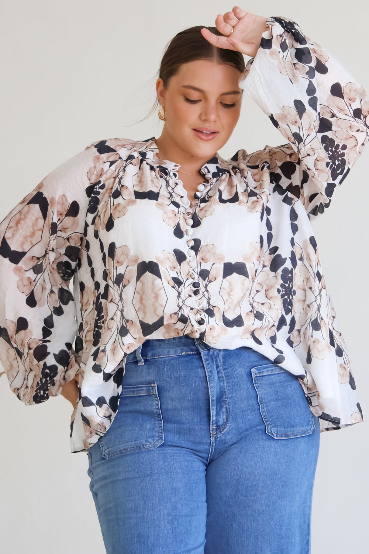 Portia Blouse - Button Down Lace Detail Shirt in Calea Beige Print