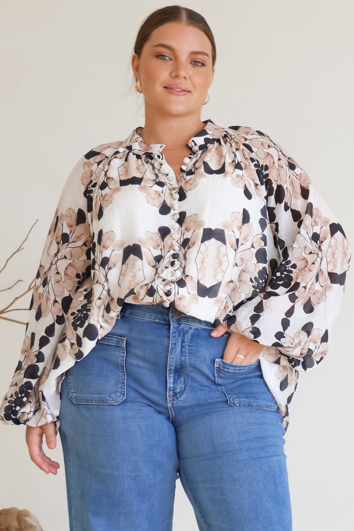 Portia Blouse - Button Down Lace Detail Shirt in Calea Beige Print