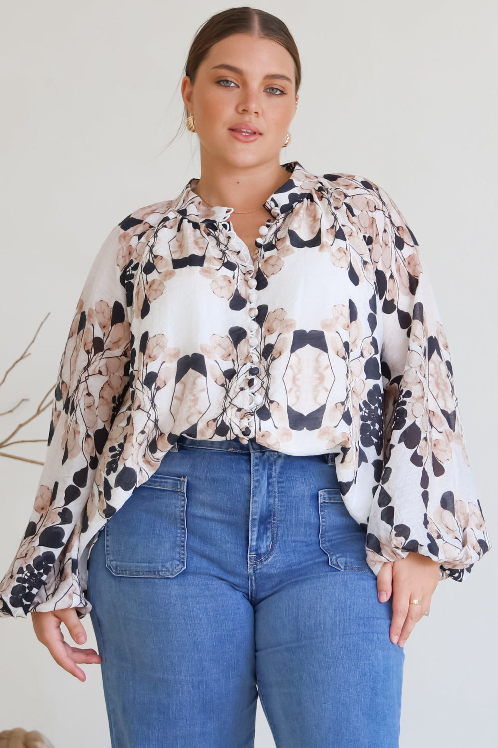 Portia Blouse - Button Down Lace Detail Shirt in Calea Beige Print