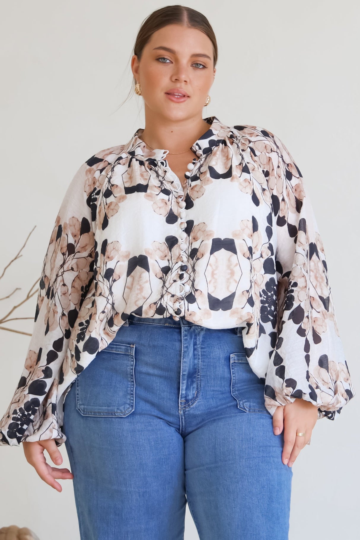 Portia Blouse - Button Down Lace Detail Shirt in Calea Beige Print