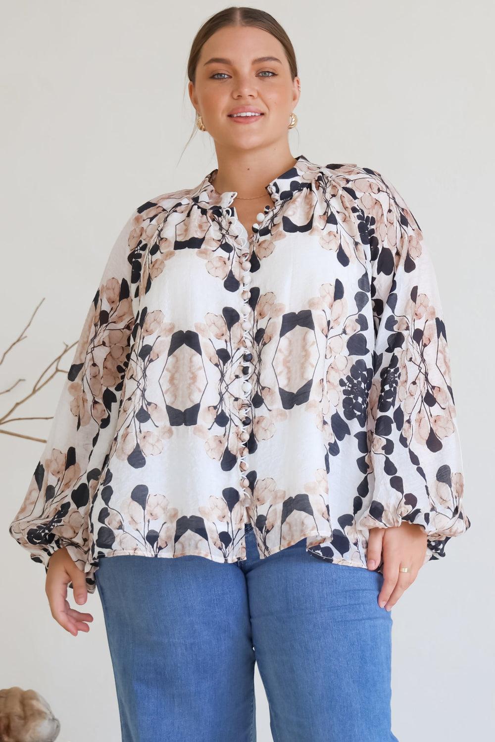 Portia Blouse - Button Down Lace Detail Shirt in Calea Beige Print