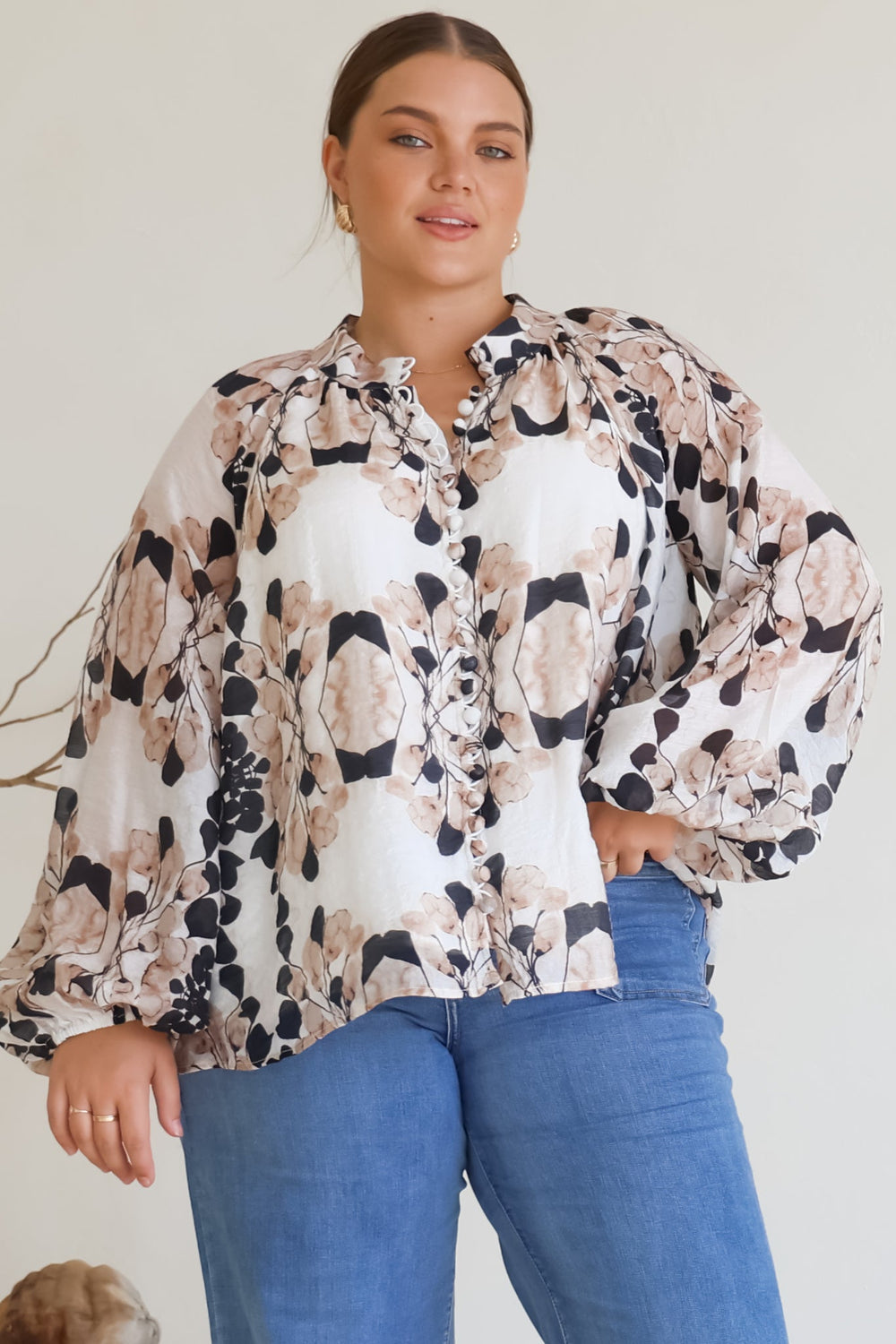 Portia Blouse - Button Down Lace Detail Shirt in Calea Beige Print