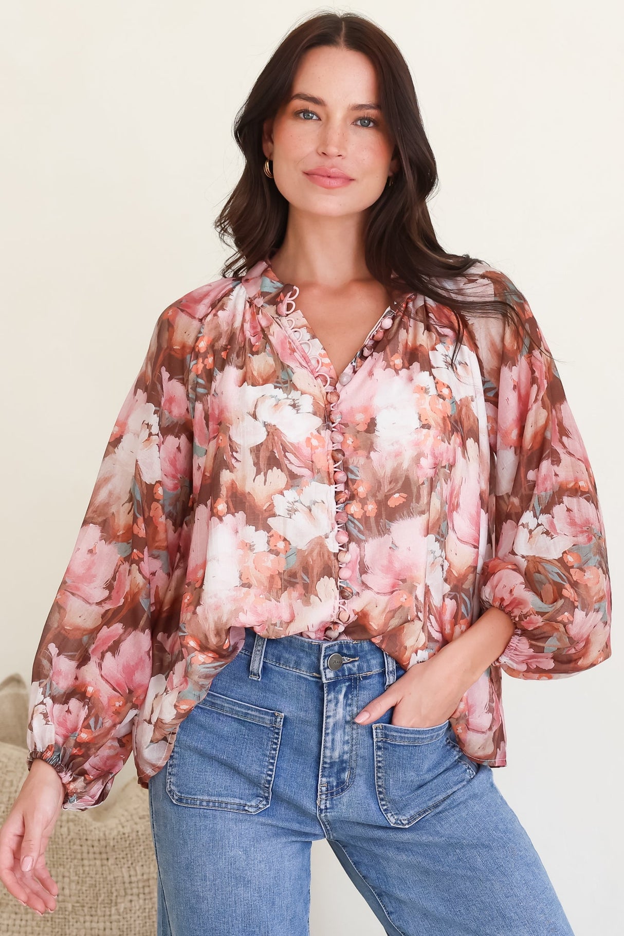 Portia Blouse - Button Down Mandarin Collar Shirt in Serafina Print