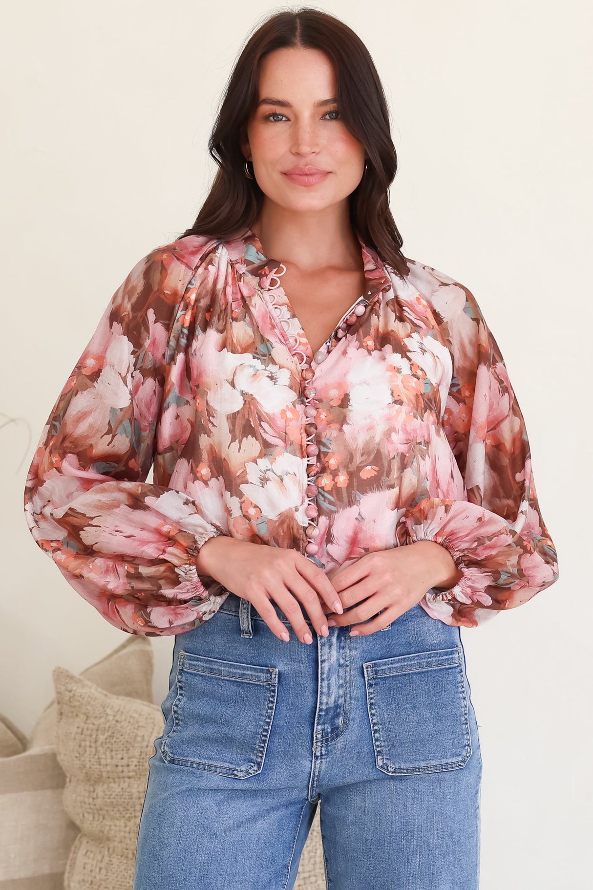 Portia Blouse - Button Down Mandarin Collar Shirt in Serafina Print