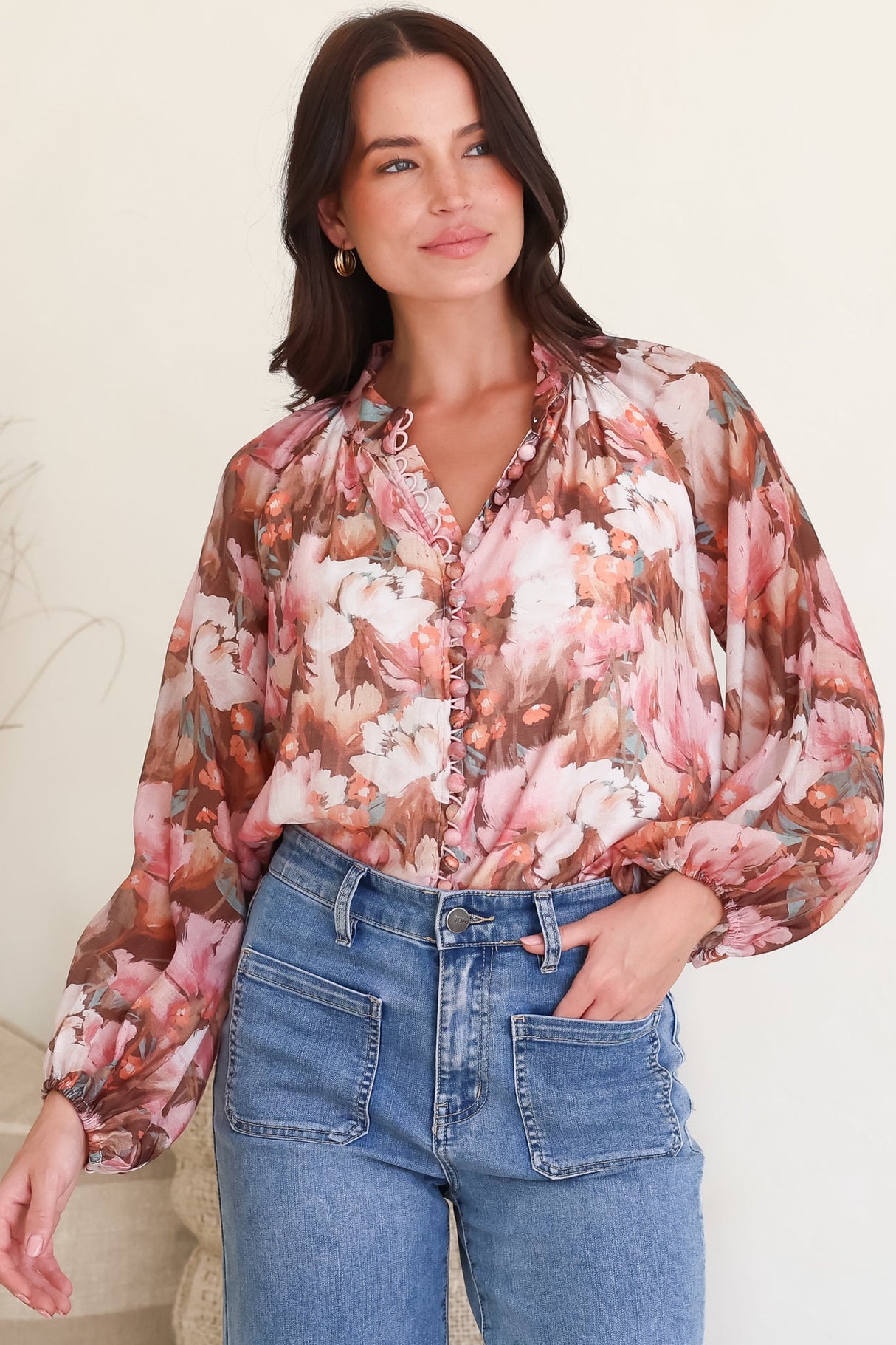 Portia Blouse - Button Down Mandarin Collar Shirt in Serafina Print