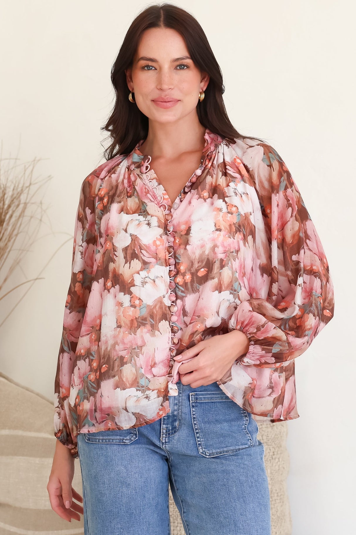 Portia Blouse - Button Down Mandarin Collar Shirt in Serafina Print