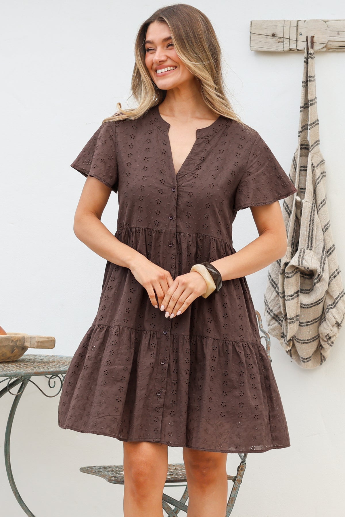 Prisha Mini Dress - Mandarin Split Collar Cotton Lace Button Down with Cap Sleeves in Chocolate