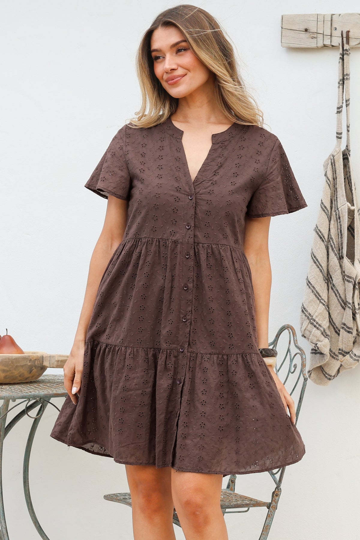 Prisha Mini Dress - Mandarin Split Collar Cotton Lace Button Down with Cap Sleeves in Chocolate