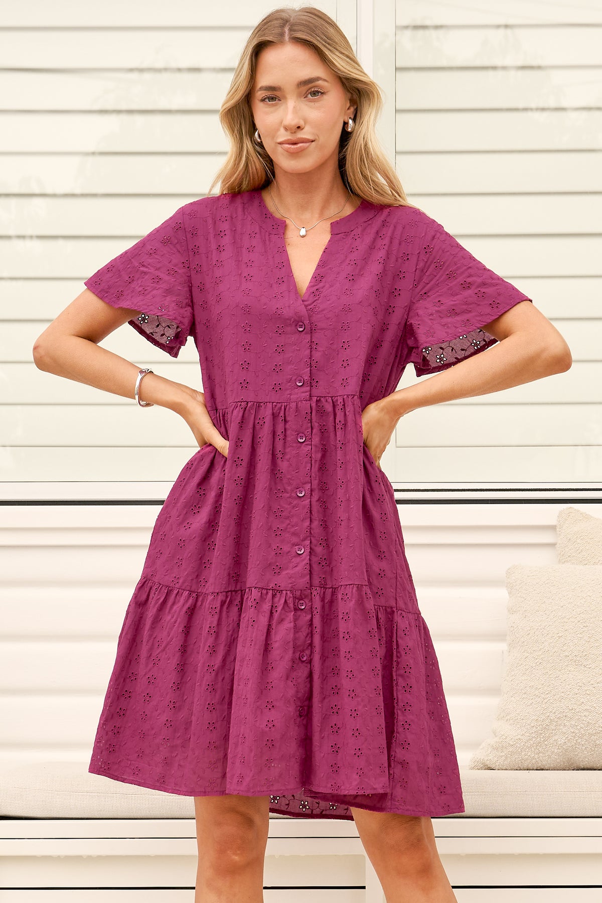 Model wearing Prisha Mini Dress in Wine from Salty Crush