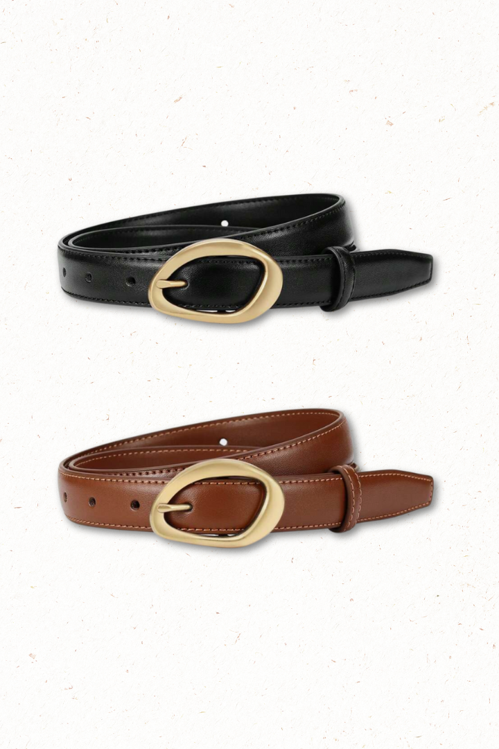 Quinn PU Leather Abstract Gold Buckle Thin Belt Set - Black/Brown