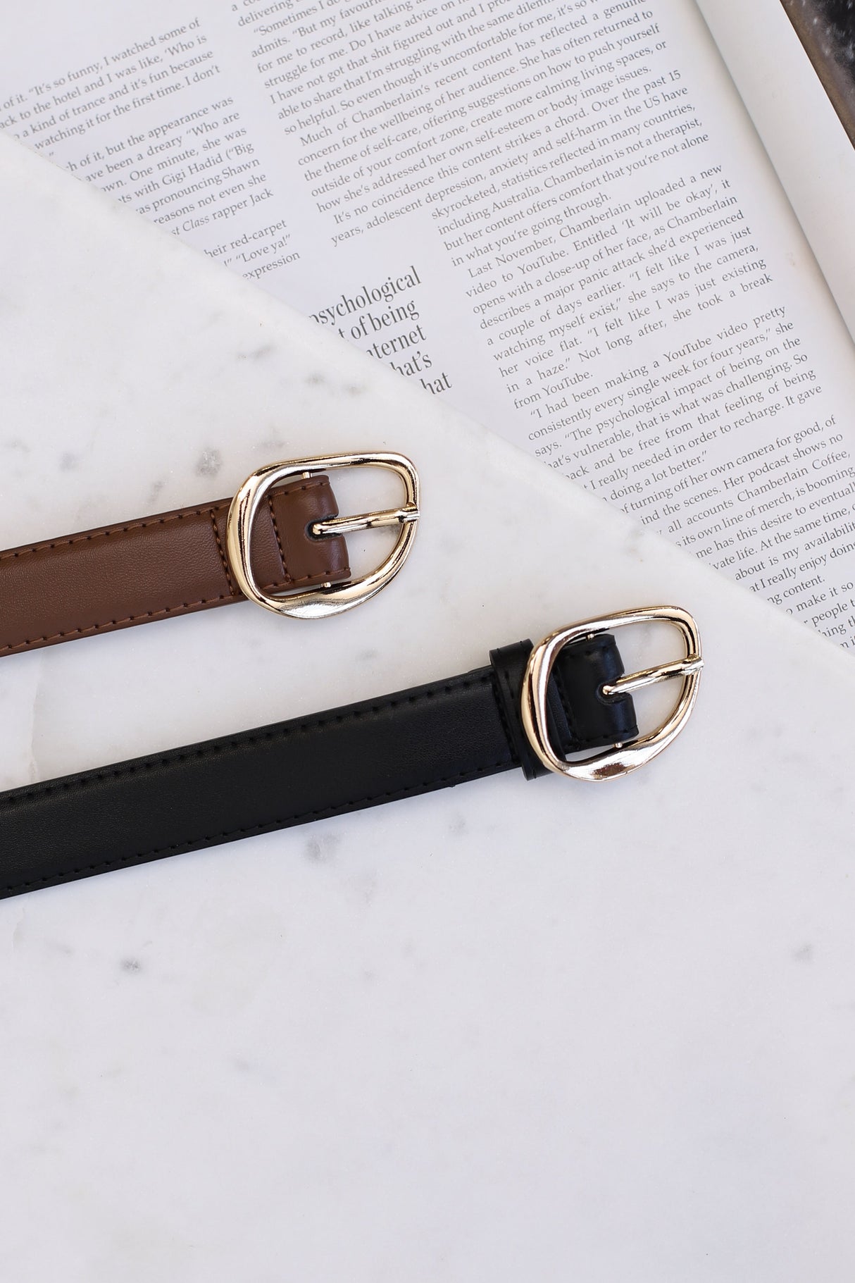 Quinn PU Leather Abstract Gold Buckle Thin Belt Set - Black/Brown