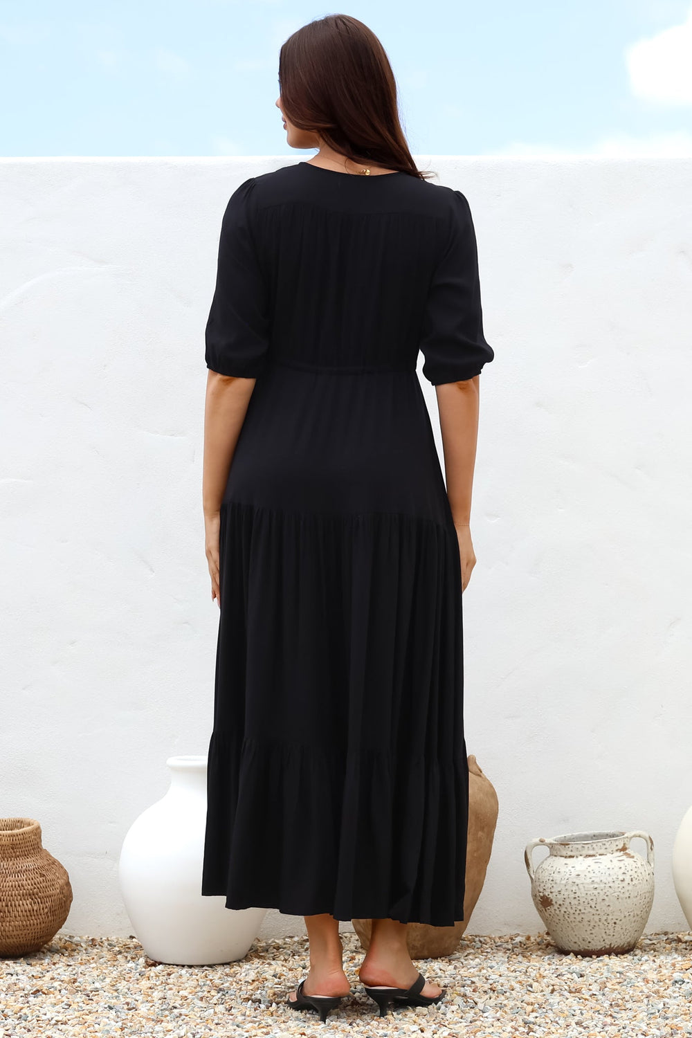 Rachel Maxi Dress - V-Neck 3/4 Sleeve Pull Tie Waist Tiered Dress in Black
