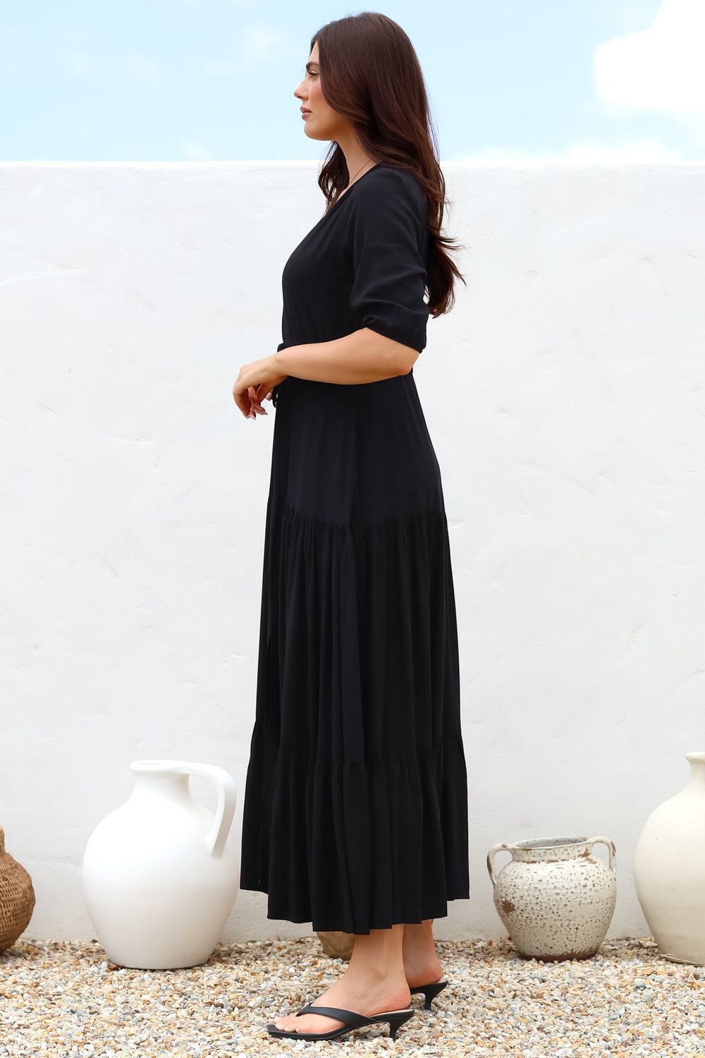 Rachel Maxi Dress - V-Neck 3/4 Sleeve Pull Tie Waist Tiered Dress in Black