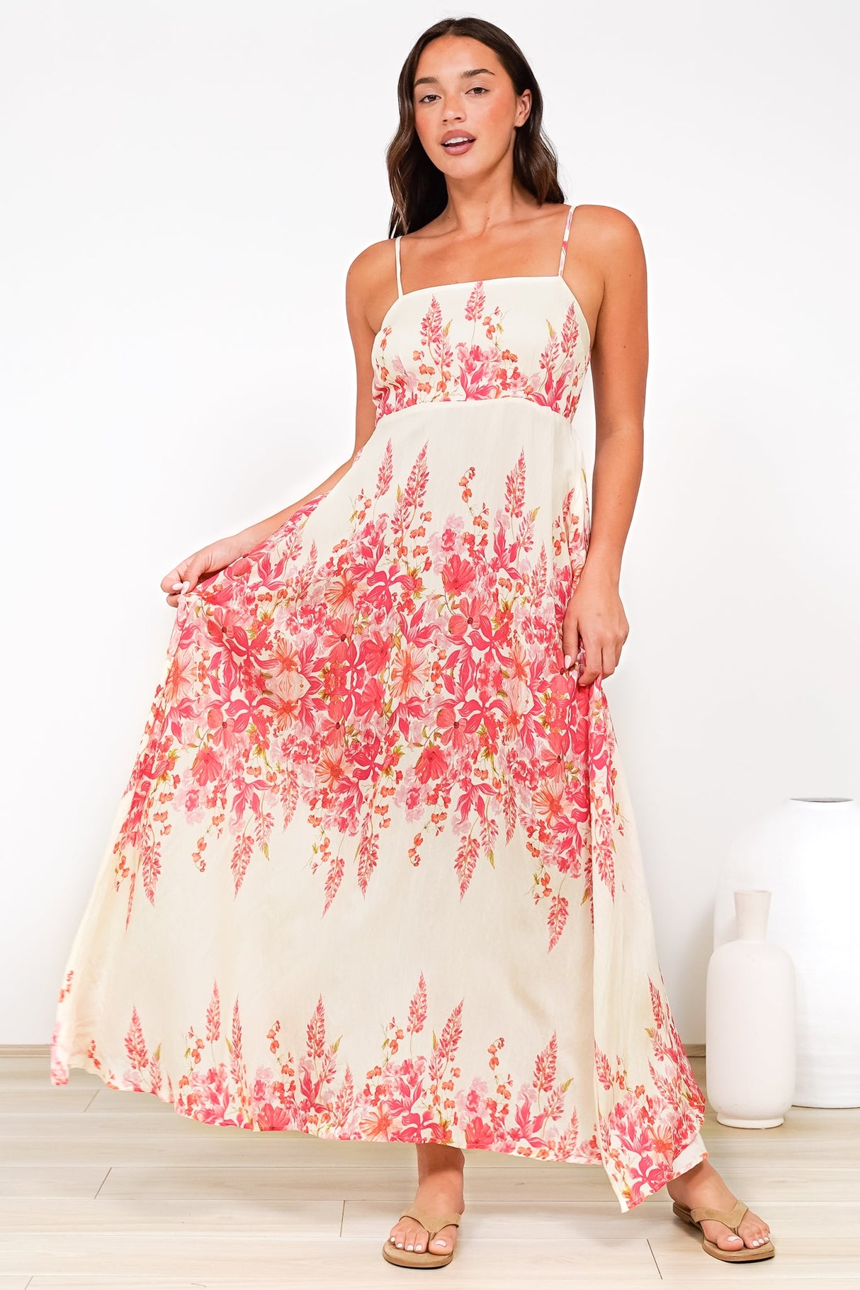 Radley Maxi Dress - Empire Line Sun Dress with Adjustable Straps in Blanche Print