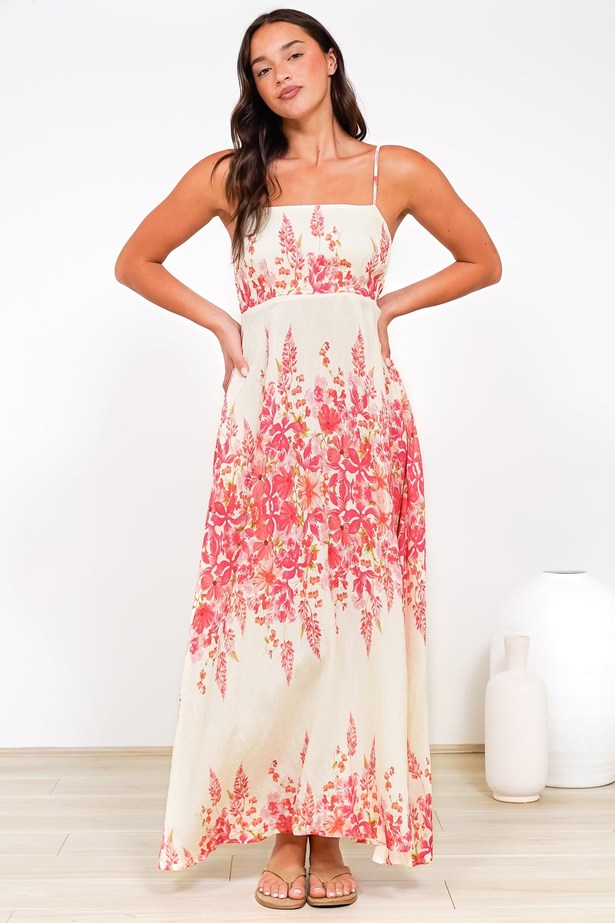 Radley Maxi Dress - Empire Line Sun Dress with Adjustable Straps in Blanche Print
