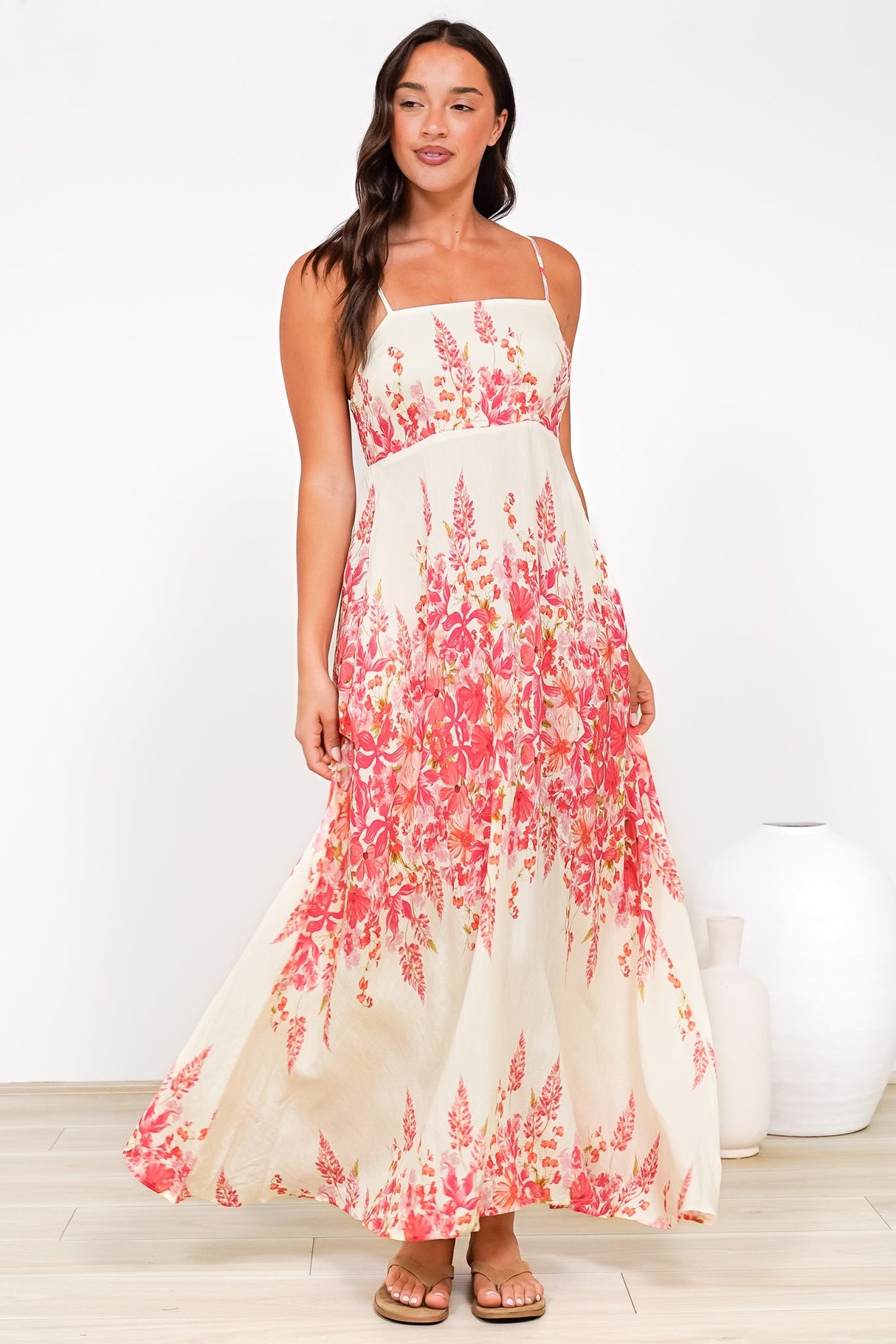 Radley Maxi Dress - Empire Line Sun Dress with Adjustable Straps in Blanche Print