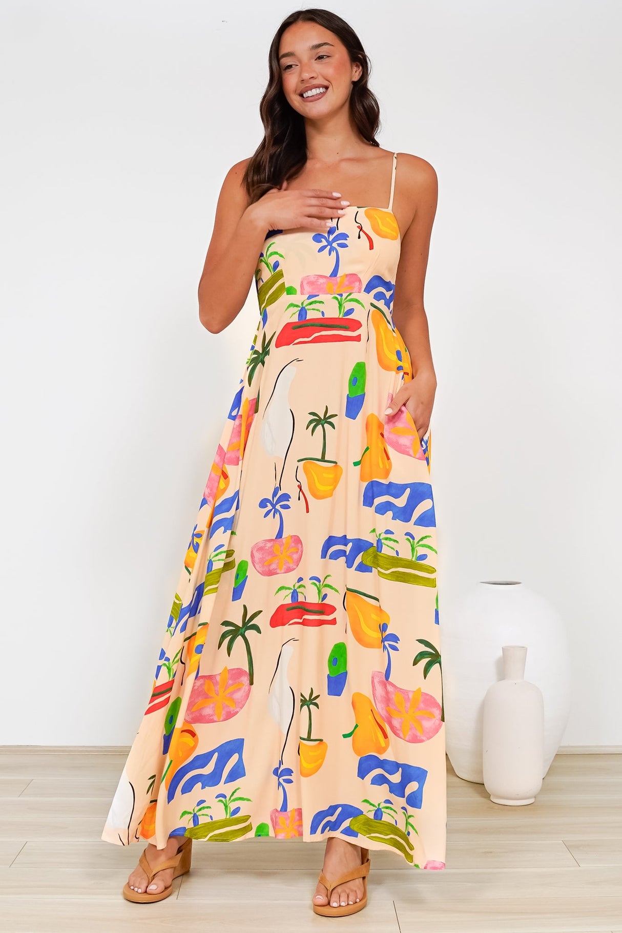 Radley Maxi Dress - Empire Line Sun Dress with Adjustable Straps in Cruise Print Beige